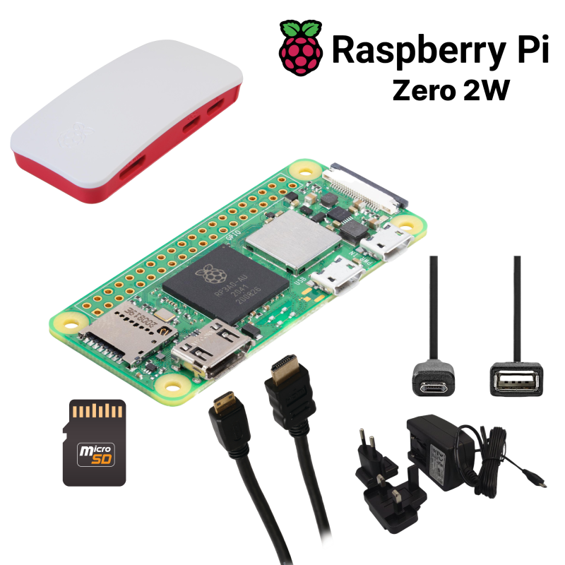Kit Raspberry Pi Zero 2W - Carte Compacte, Adaptateur, Boîtier, Carte Micro SD 64 Go, Alimentation, Câble HDMI
